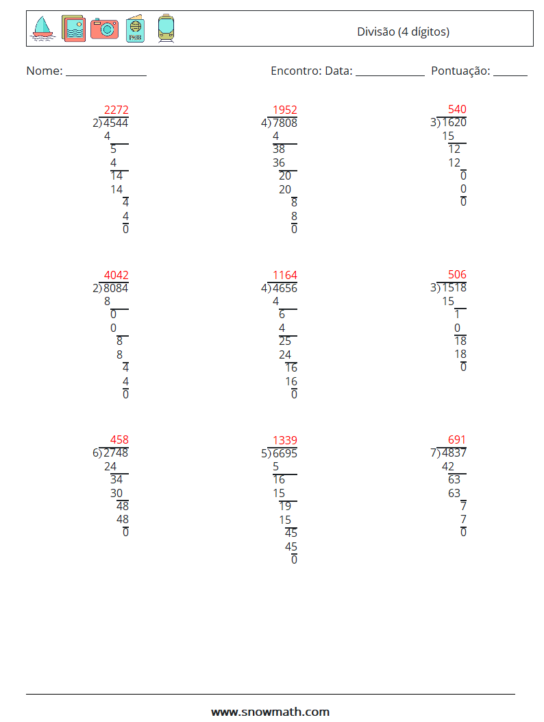 (9) Divisão (4 dígitos) planilhas matemáticas 6 Pergunta, Resposta