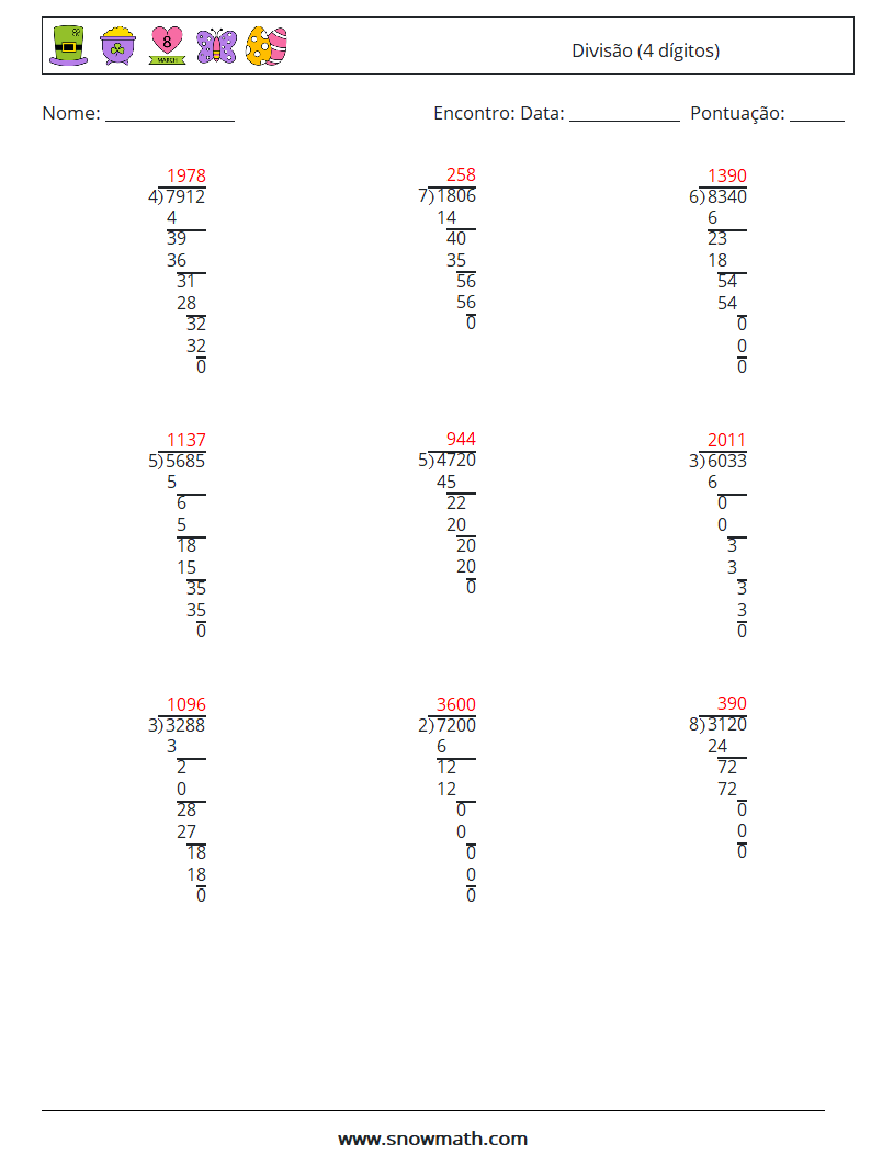 (9) Divisão (4 dígitos) planilhas matemáticas 7 Pergunta, Resposta