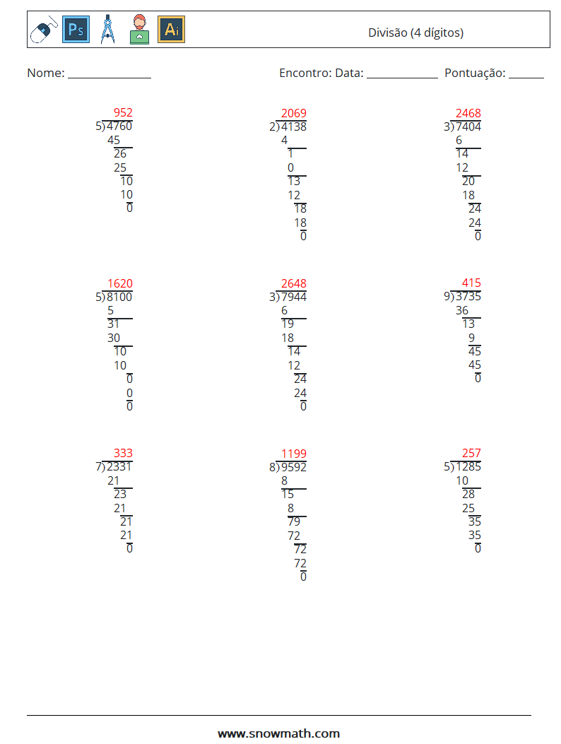 (9) Divisão (4 dígitos) planilhas matemáticas 8 Pergunta, Resposta