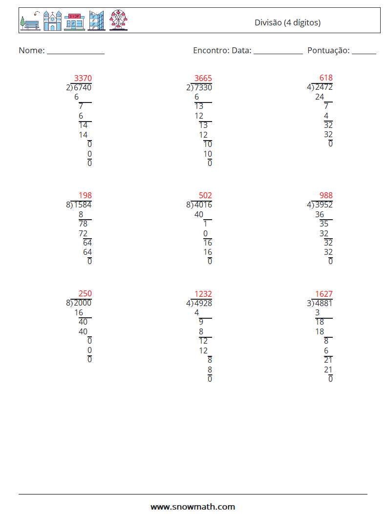 (9) Divisão (4 dígitos) planilhas matemáticas 9 Pergunta, Resposta