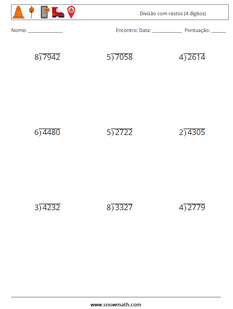 (9) Divisão com restos (4 dígitos) planilhas matemáticas 12