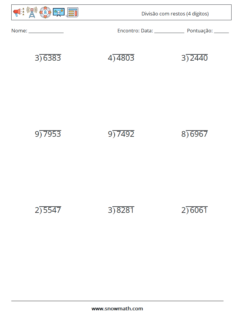 (9) Divisão com restos (4 dígitos) planilhas matemáticas 14