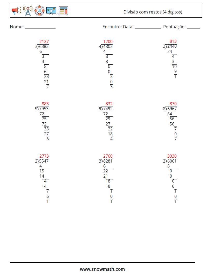 (9) Divisão com restos (4 dígitos) planilhas matemáticas 14 Pergunta, Resposta