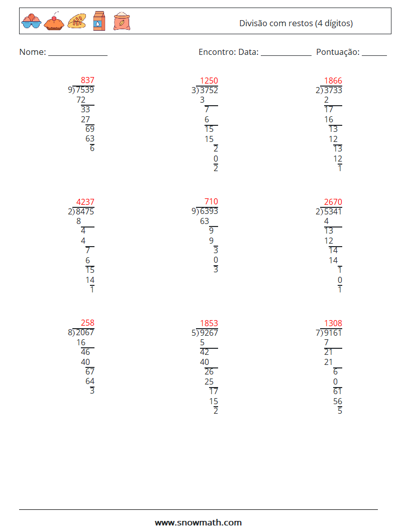 (9) Divisão com restos (4 dígitos) planilhas matemáticas 2 Pergunta, Resposta