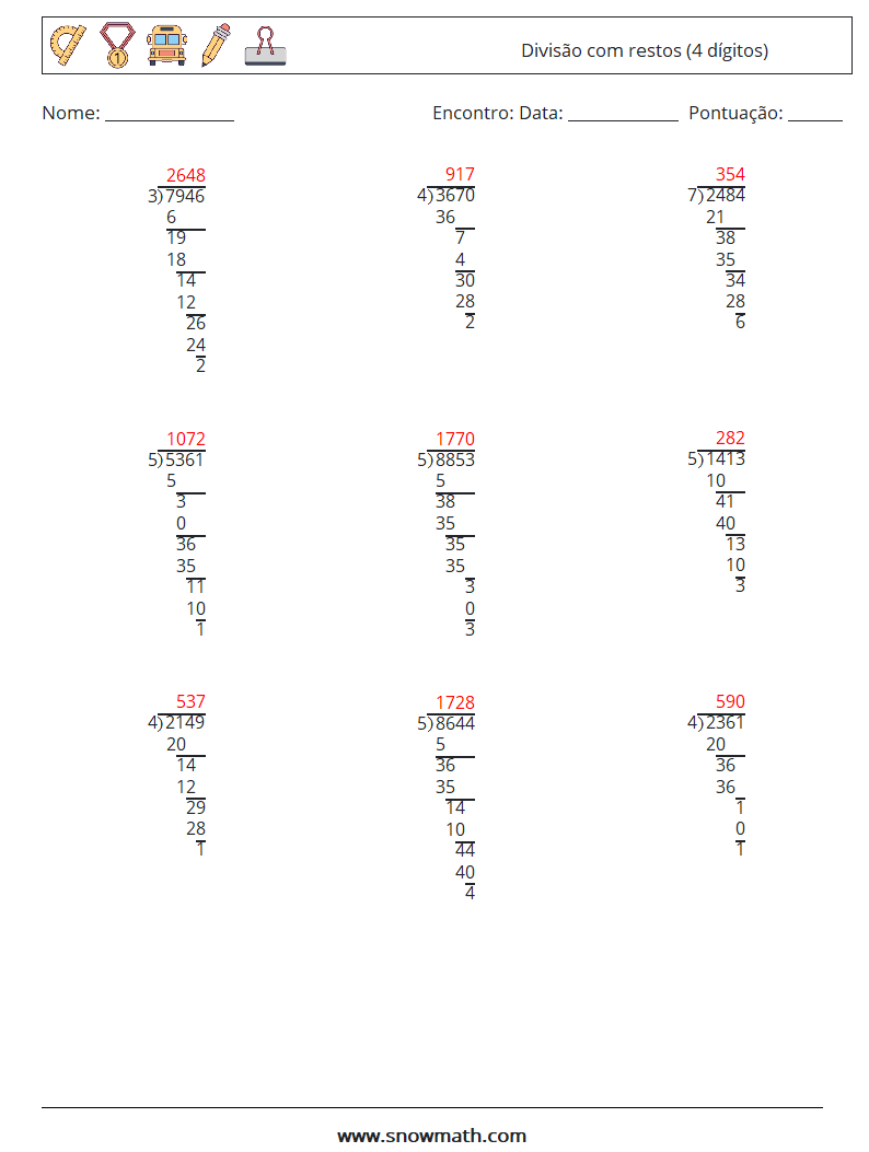 (9) Divisão com restos (4 dígitos) planilhas matemáticas 3 Pergunta, Resposta