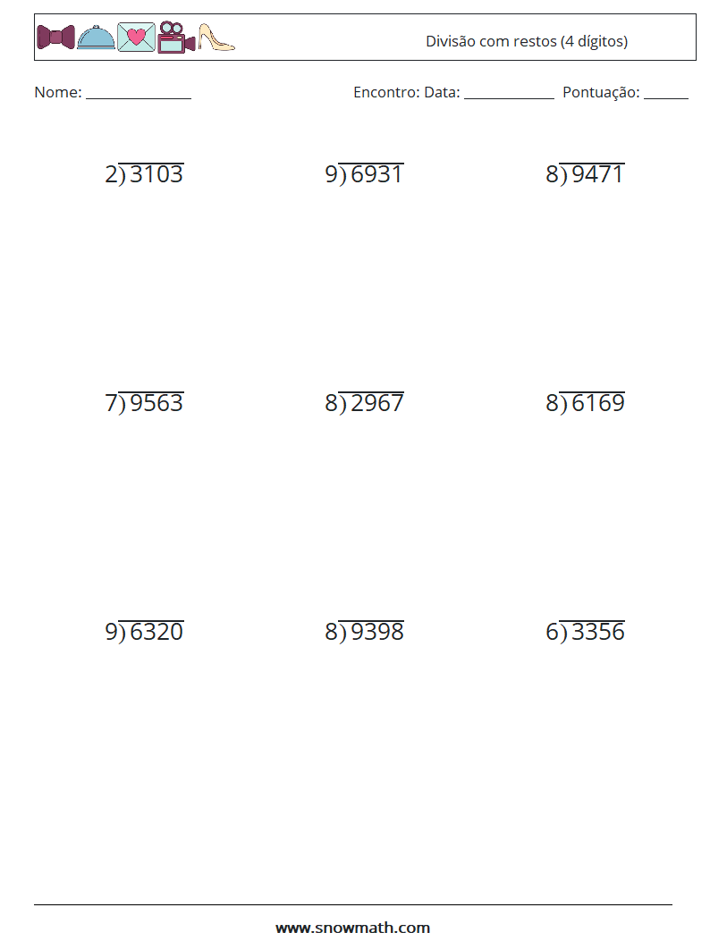 (9) Divisão com restos (4 dígitos) planilhas matemáticas 4