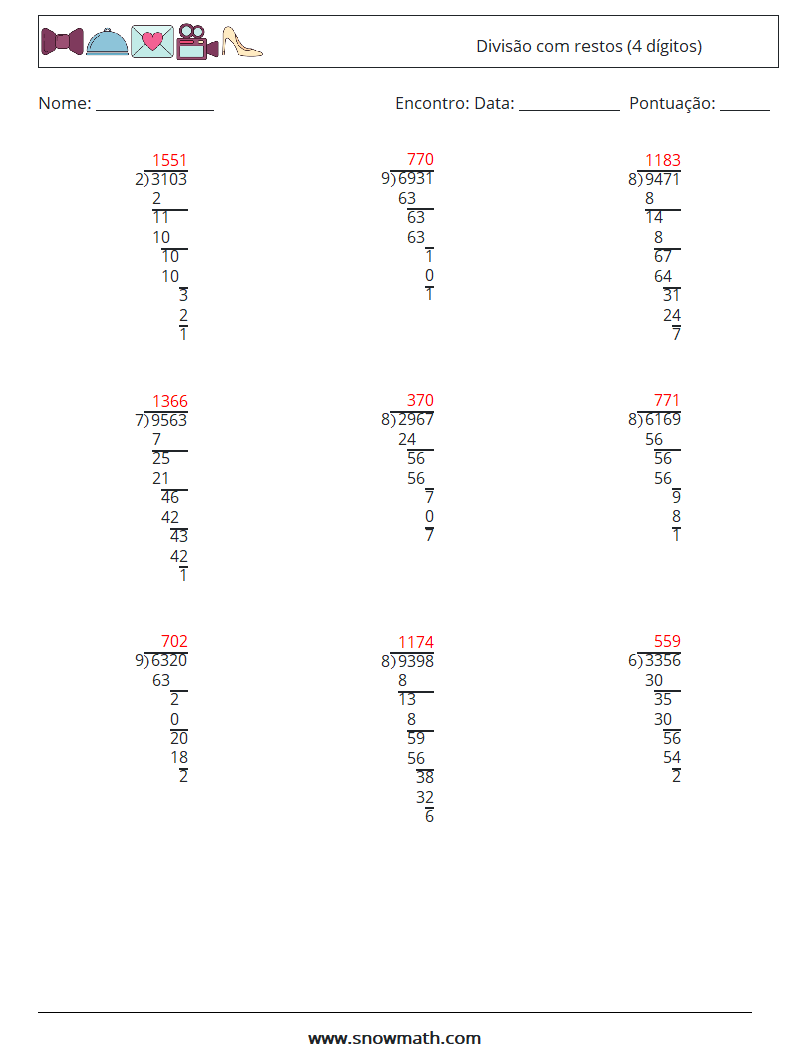 (9) Divisão com restos (4 dígitos) planilhas matemáticas 4 Pergunta, Resposta