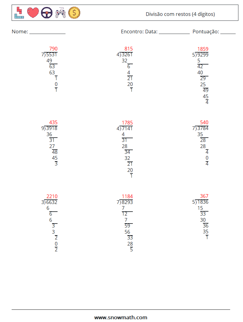 (9) Divisão com restos (4 dígitos) planilhas matemáticas 5 Pergunta, Resposta