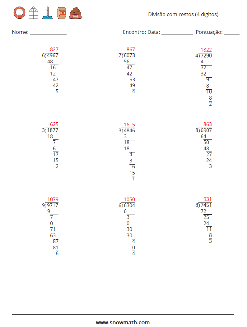 (9) Divisão com restos (4 dígitos) planilhas matemáticas 6 Pergunta, Resposta