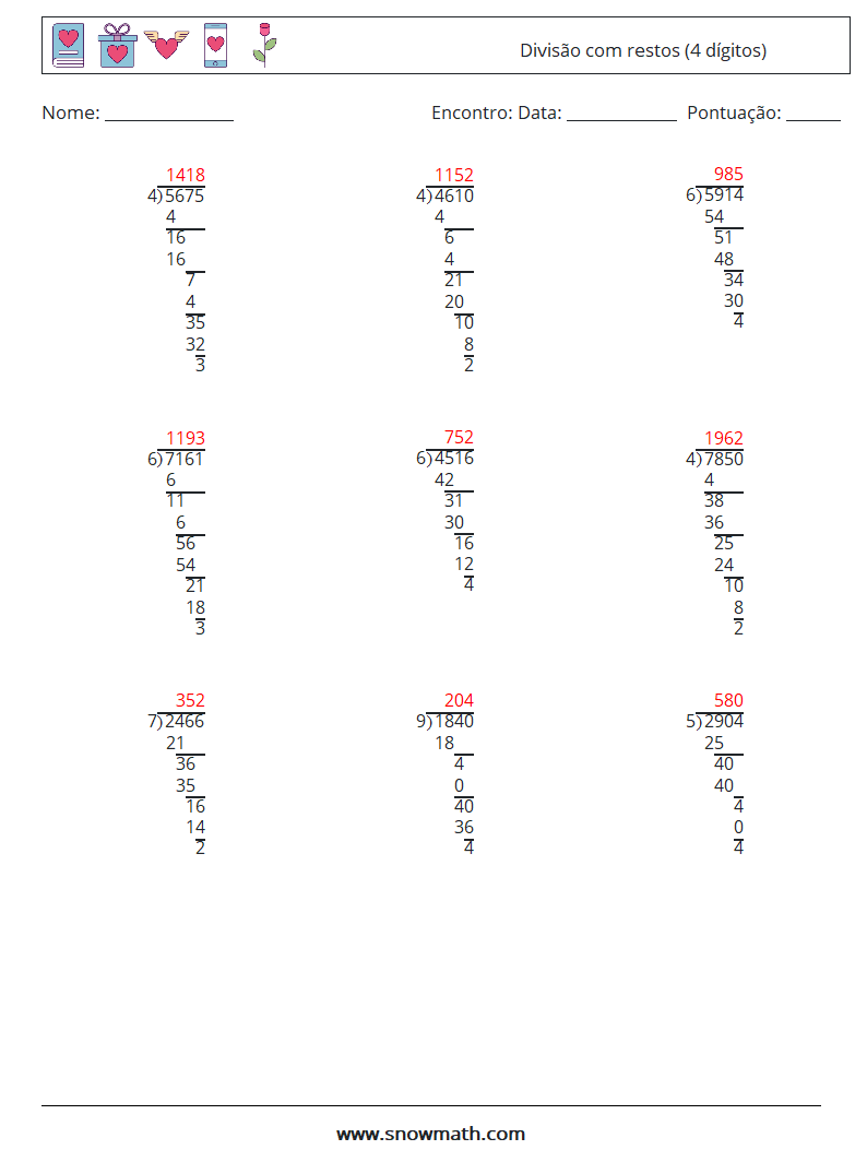(9) Divisão com restos (4 dígitos) planilhas matemáticas 8 Pergunta, Resposta