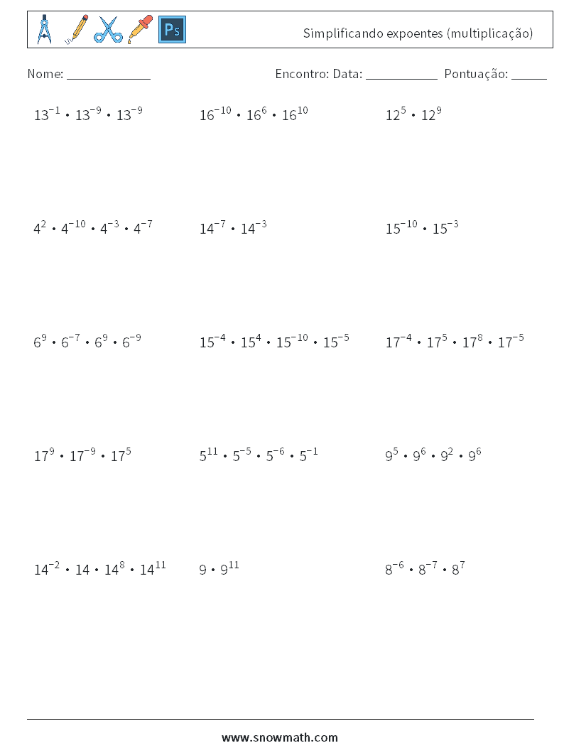 Simplificando expoentes (multiplicação) planilhas matemáticas 1