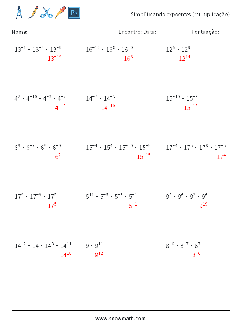 Simplificando expoentes (multiplicação) planilhas matemáticas 1 Pergunta, Resposta