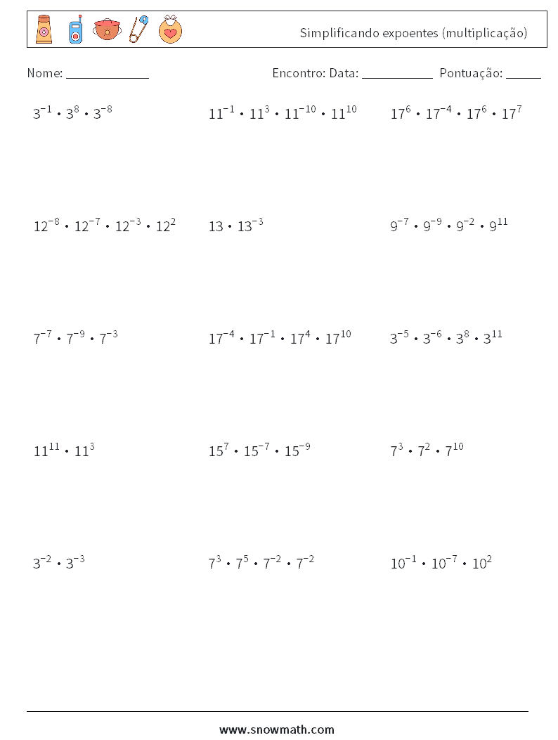 Simplificando expoentes (multiplicação) planilhas matemáticas 2