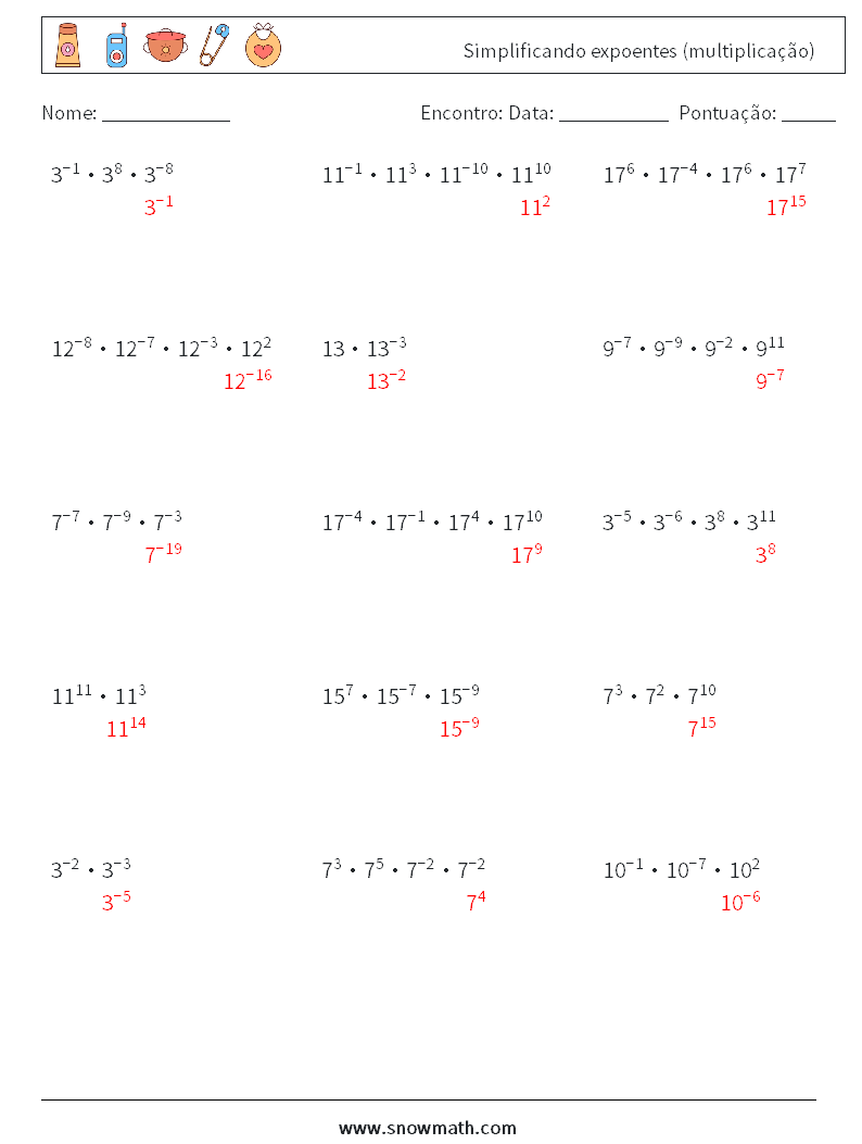 Simplificando expoentes (multiplicação) planilhas matemáticas 2 Pergunta, Resposta