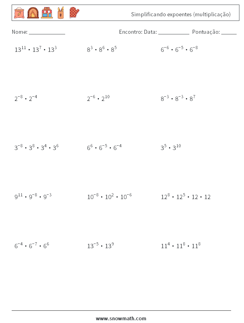Simplificando expoentes (multiplicação) planilhas matemáticas 3