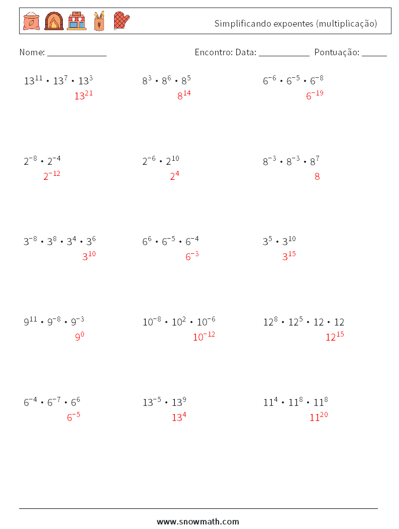 Simplificando expoentes (multiplicação) planilhas matemáticas 3 Pergunta, Resposta
