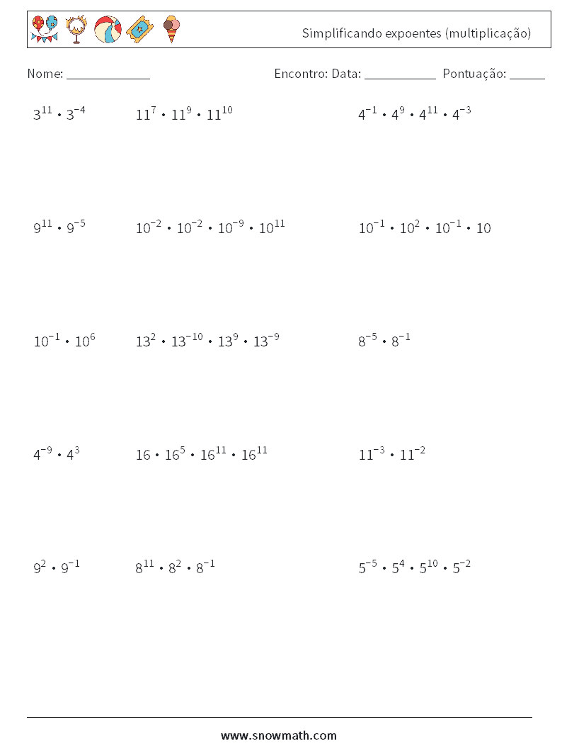 Simplificando expoentes (multiplicação) planilhas matemáticas 4