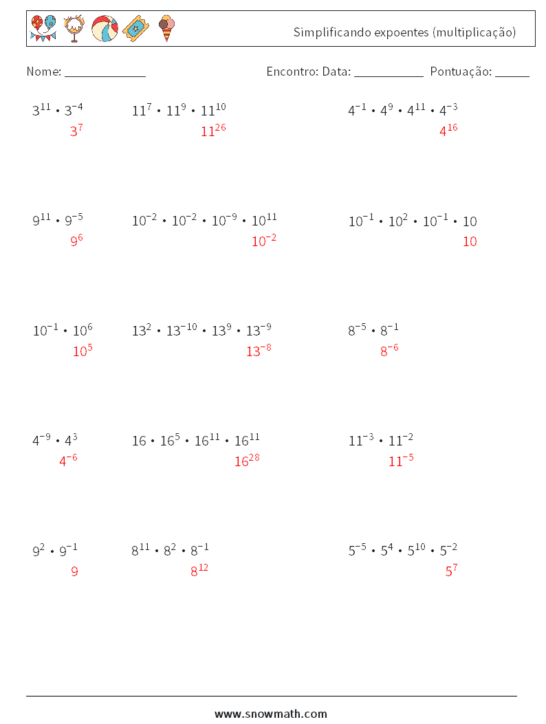 Simplificando expoentes (multiplicação) planilhas matemáticas 4 Pergunta, Resposta