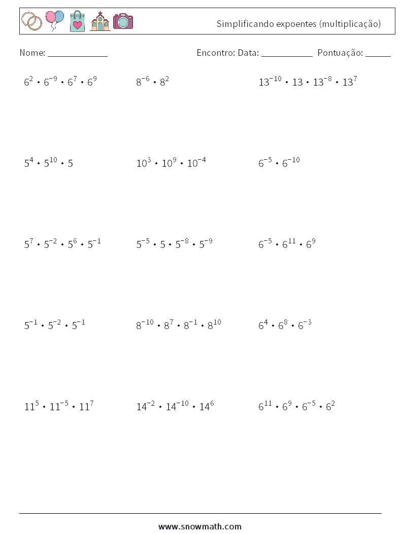 Simplificando expoentes (multiplicação) planilhas matemáticas 5