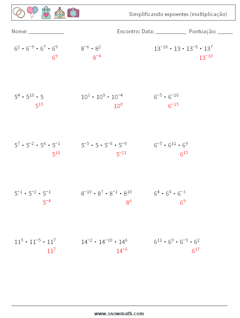 Simplificando expoentes (multiplicação) planilhas matemáticas 5 Pergunta, Resposta