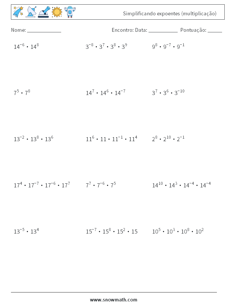 Simplificando expoentes (multiplicação) planilhas matemáticas 6
