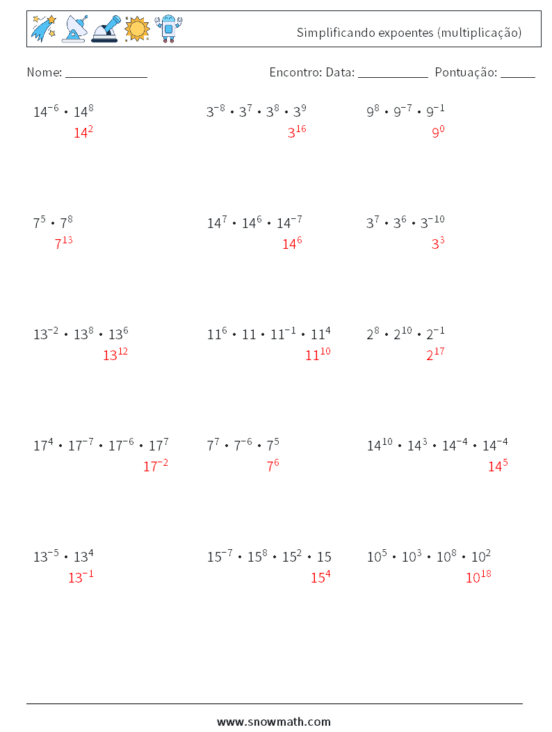 Simplificando expoentes (multiplicação) planilhas matemáticas 6 Pergunta, Resposta
