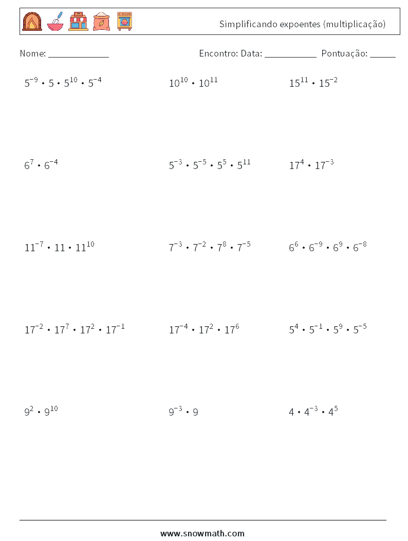 Simplificando expoentes (multiplicação) planilhas matemáticas 7