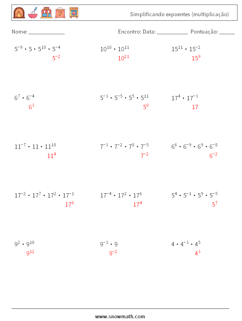 Simplificando expoentes (multiplicação) planilhas matemáticas 7 Pergunta, Resposta
