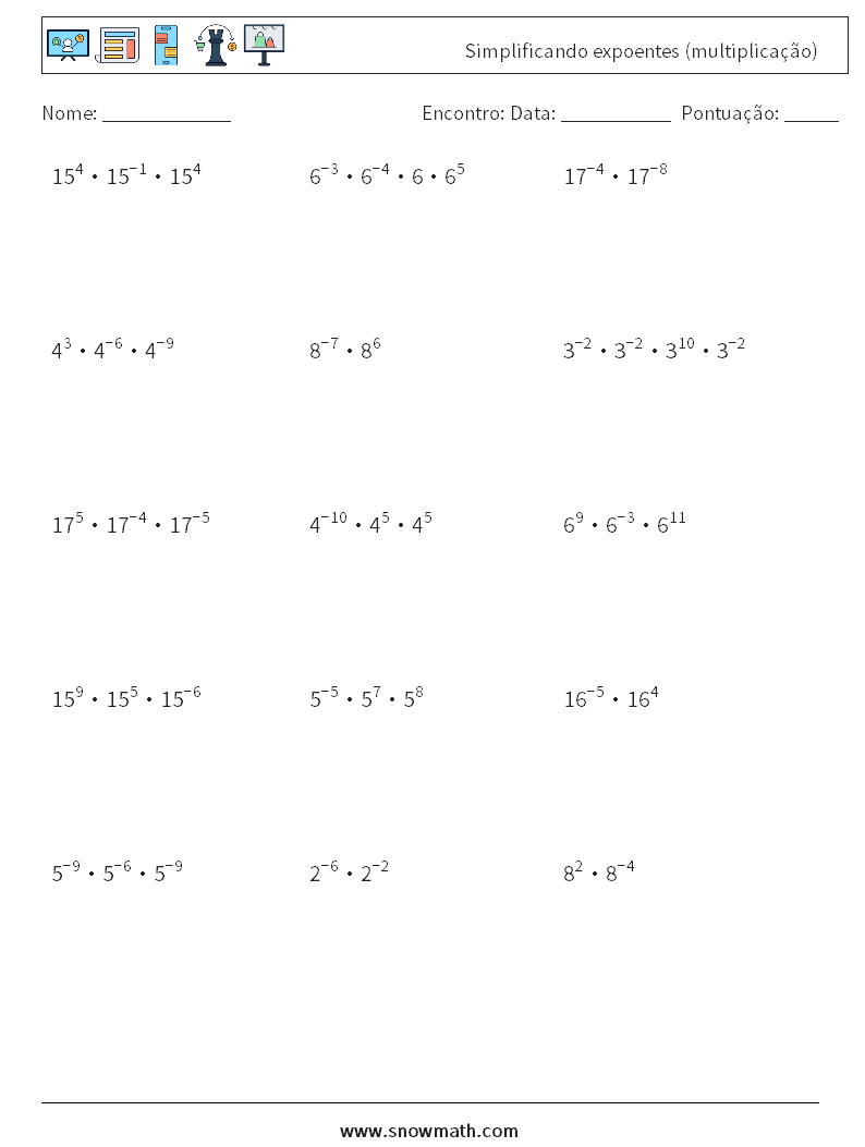 Simplificando expoentes (multiplicação) planilhas matemáticas 8