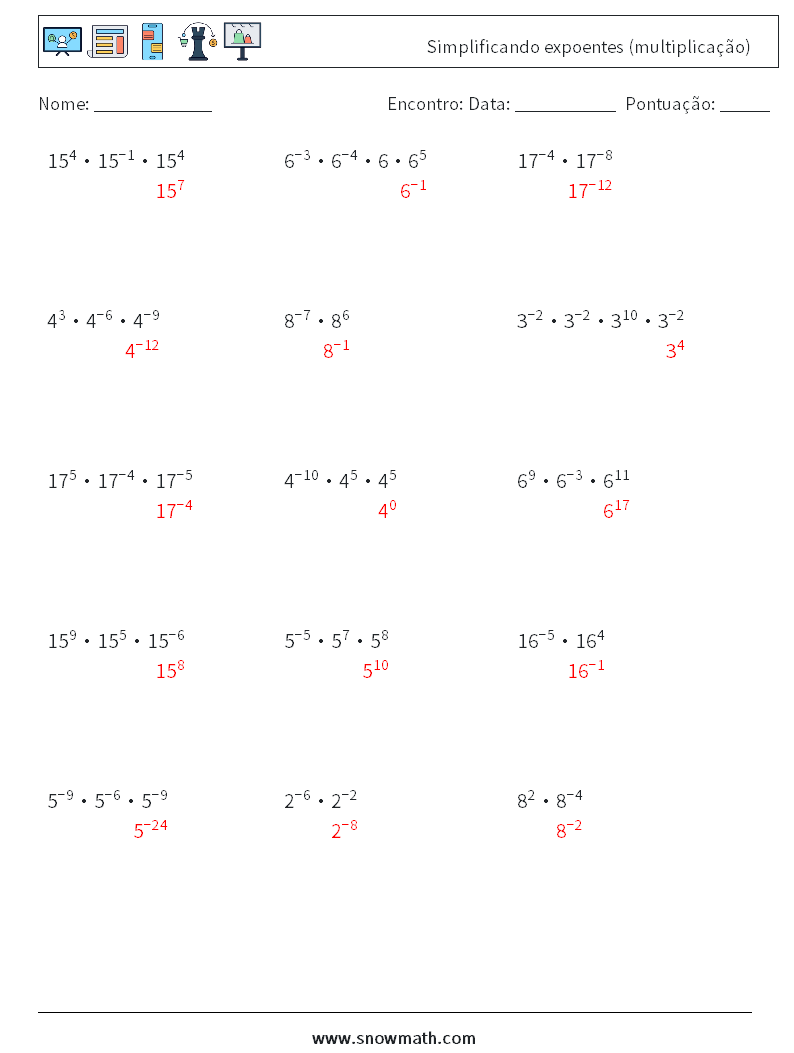 Simplificando expoentes (multiplicação) planilhas matemáticas 8 Pergunta, Resposta