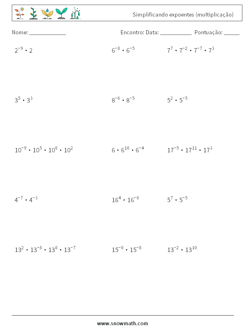 Simplificando expoentes (multiplicação) planilhas matemáticas 9