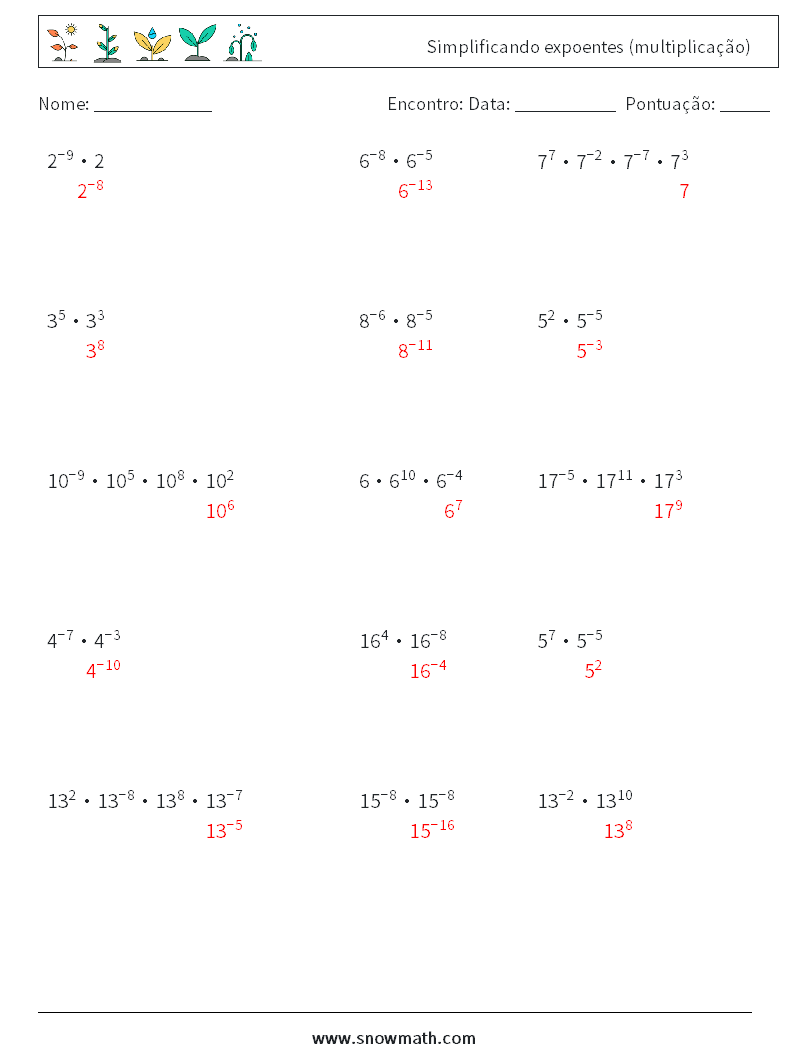 Simplificando expoentes (multiplicação) planilhas matemáticas 9 Pergunta, Resposta