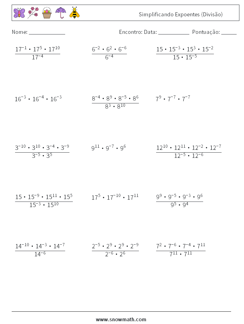 Simplificando Expoentes (Divisão) planilhas matemáticas 1