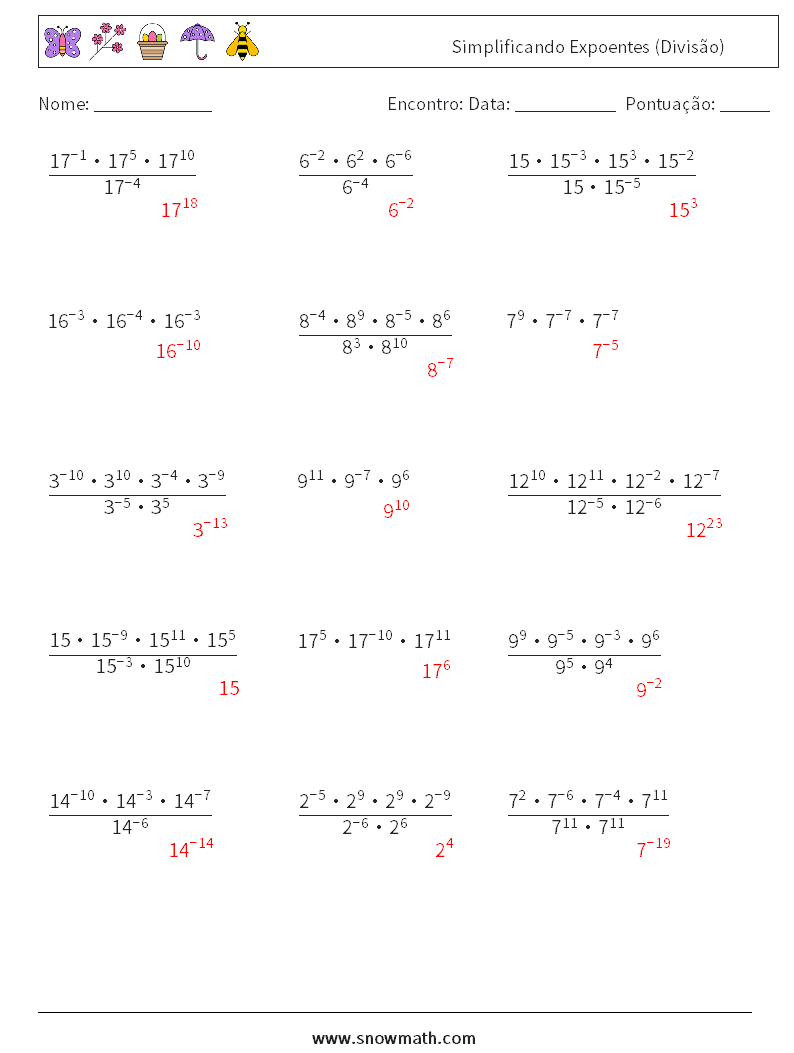 Simplificando Expoentes (Divisão) planilhas matemáticas 1 Pergunta, Resposta