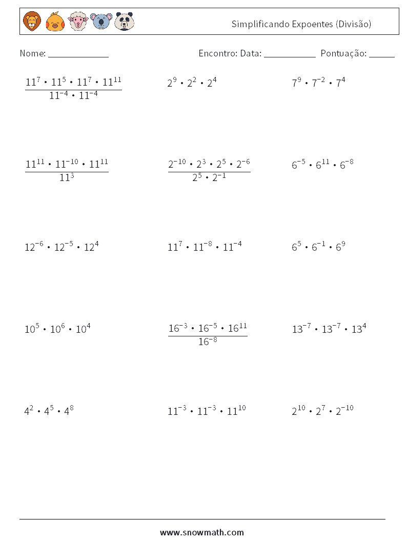 Simplificando Expoentes (Divisão) planilhas matemáticas 2
