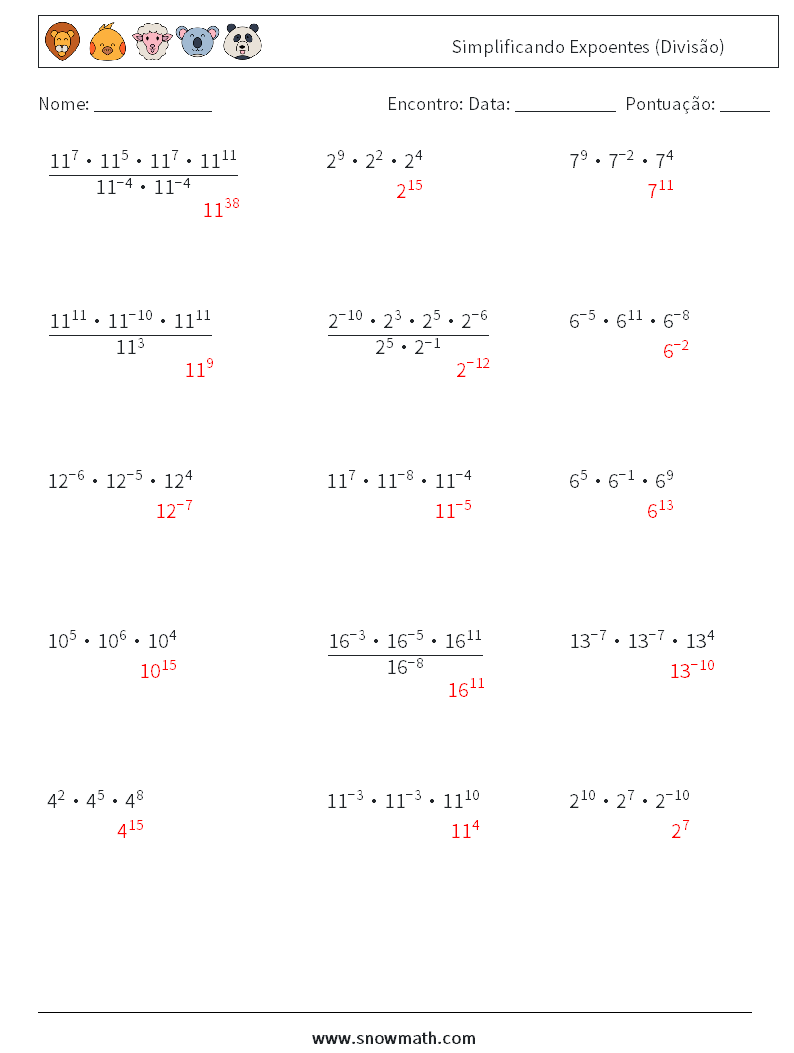 Simplificando Expoentes (Divisão) planilhas matemáticas 2 Pergunta, Resposta