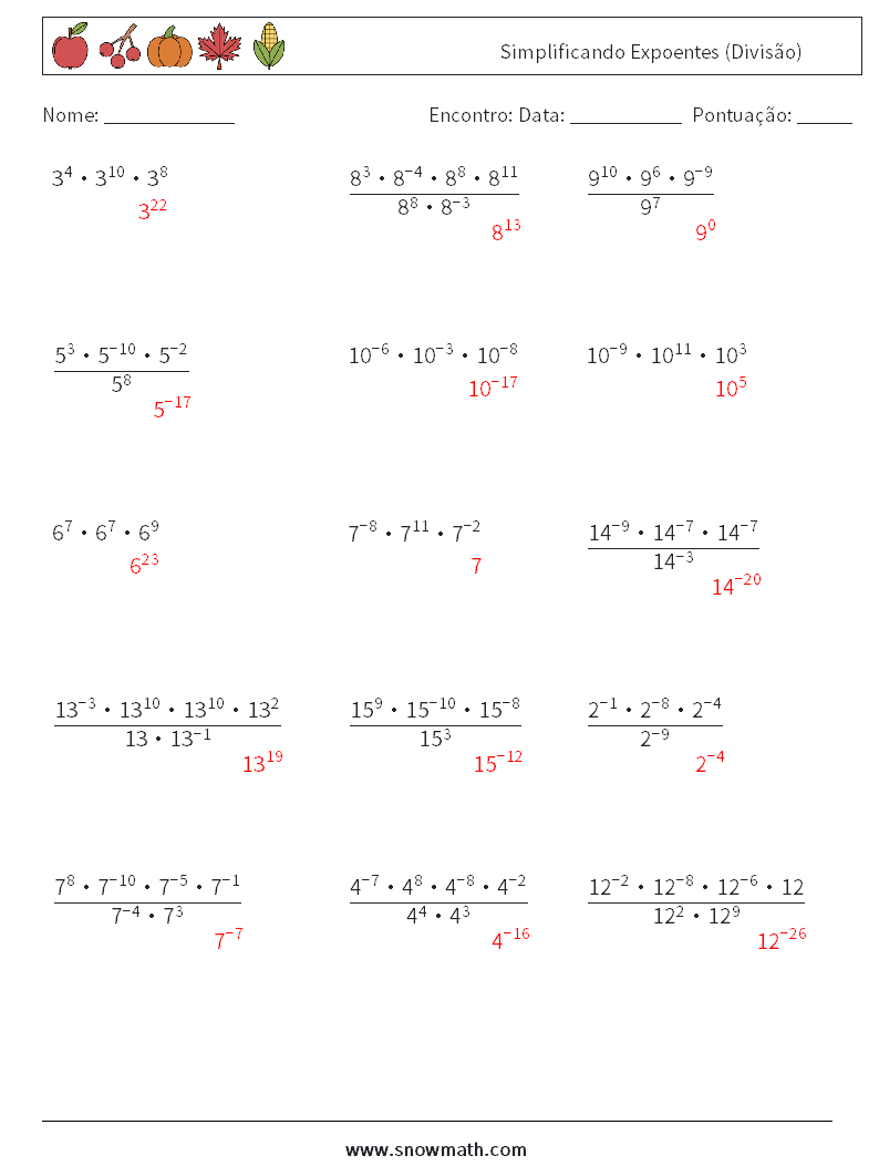 Simplificando Expoentes (Divisão) planilhas matemáticas 3 Pergunta, Resposta