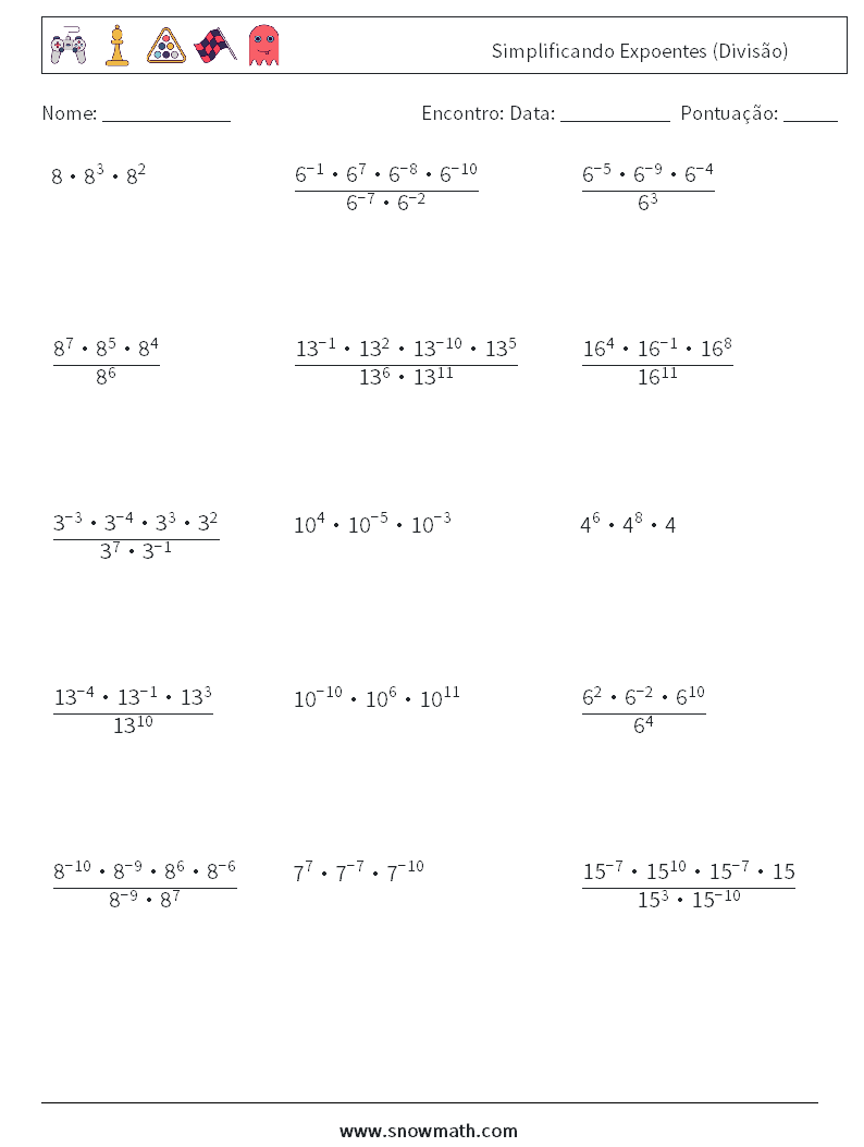 Simplificando Expoentes (Divisão) planilhas matemáticas 4