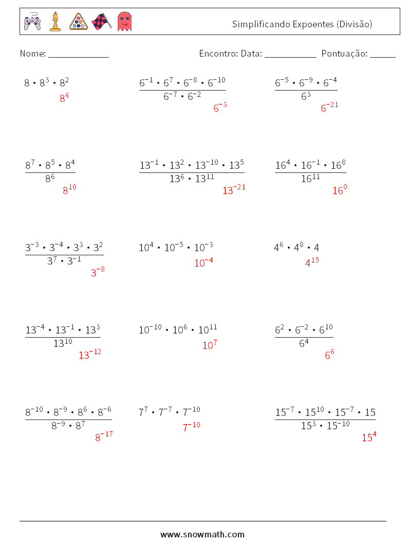 Simplificando Expoentes (Divisão) planilhas matemáticas 4 Pergunta, Resposta