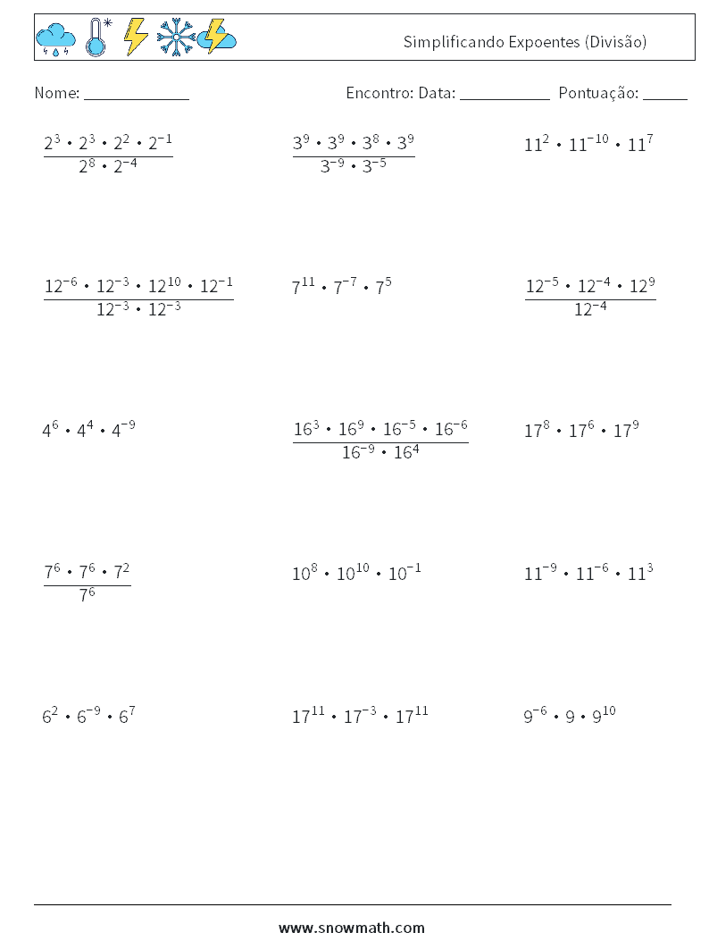 Simplificando Expoentes (Divisão) planilhas matemáticas 5