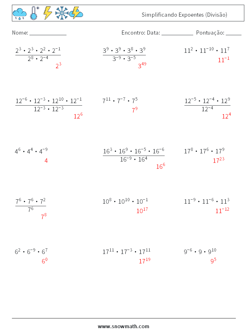 Simplificando Expoentes (Divisão) planilhas matemáticas 5 Pergunta, Resposta