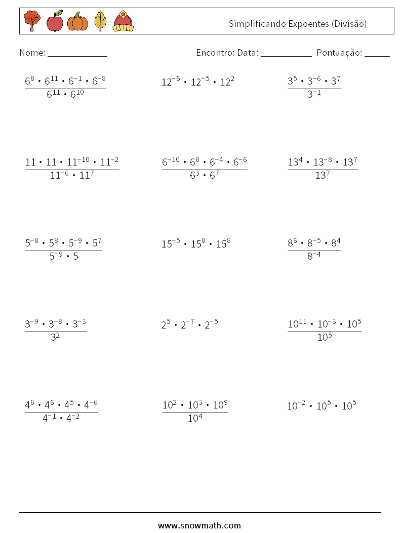 Simplificando Expoentes (Divisão) planilhas matemáticas 6
