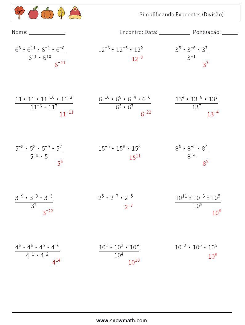 Simplificando Expoentes (Divisão) planilhas matemáticas 6 Pergunta, Resposta