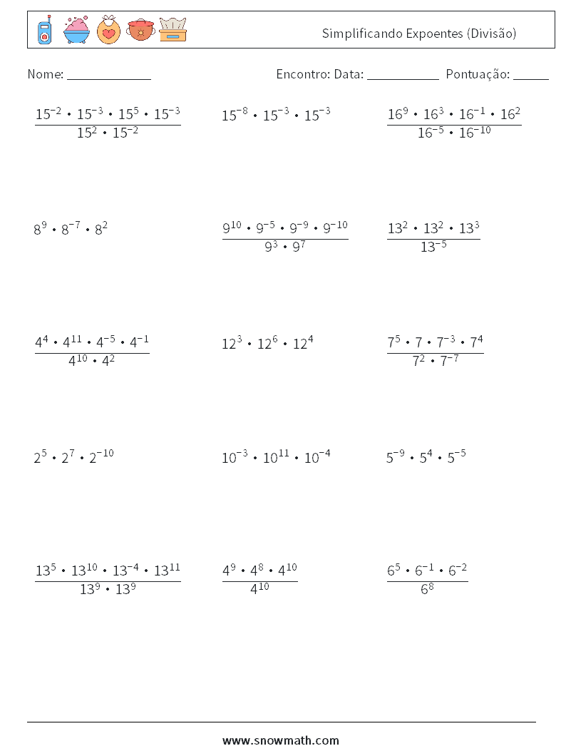 Simplificando Expoentes (Divisão) planilhas matemáticas 7