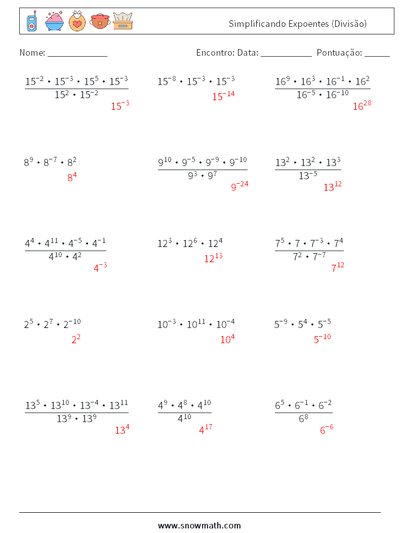 Simplificando Expoentes (Divisão) planilhas matemáticas 7 Pergunta, Resposta