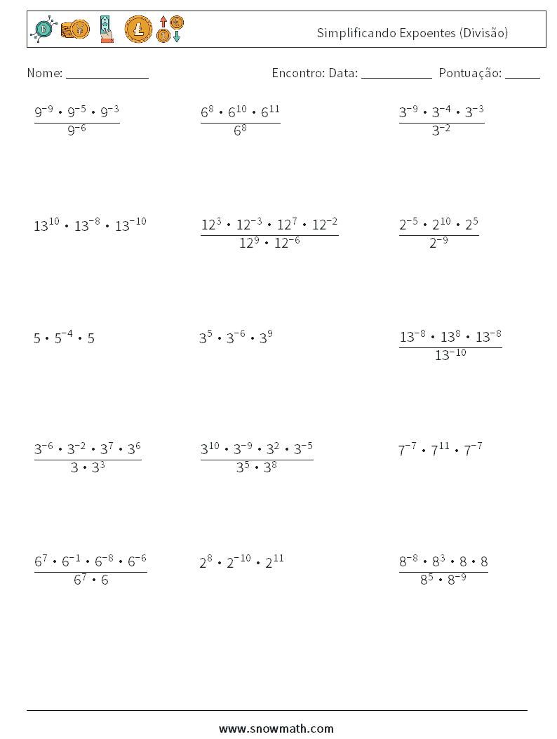 Simplificando Expoentes (Divisão) planilhas matemáticas 8