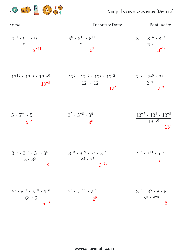 Simplificando Expoentes (Divisão) planilhas matemáticas 8 Pergunta, Resposta