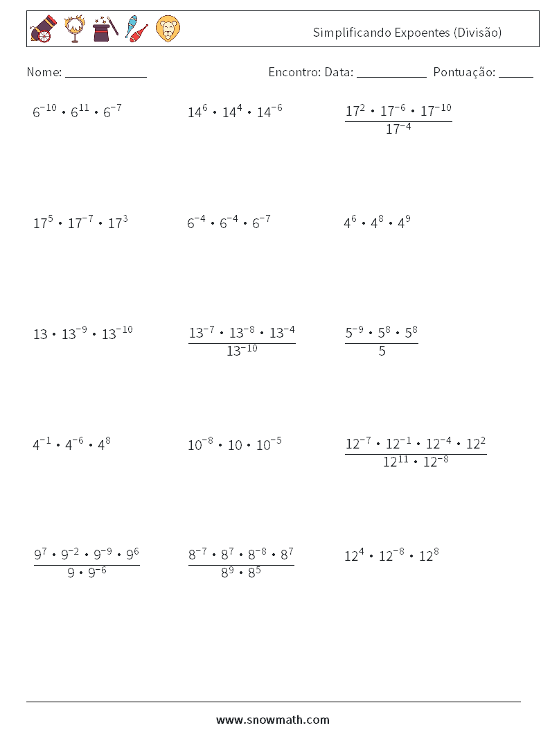 Simplificando Expoentes (Divisão) planilhas matemáticas 9