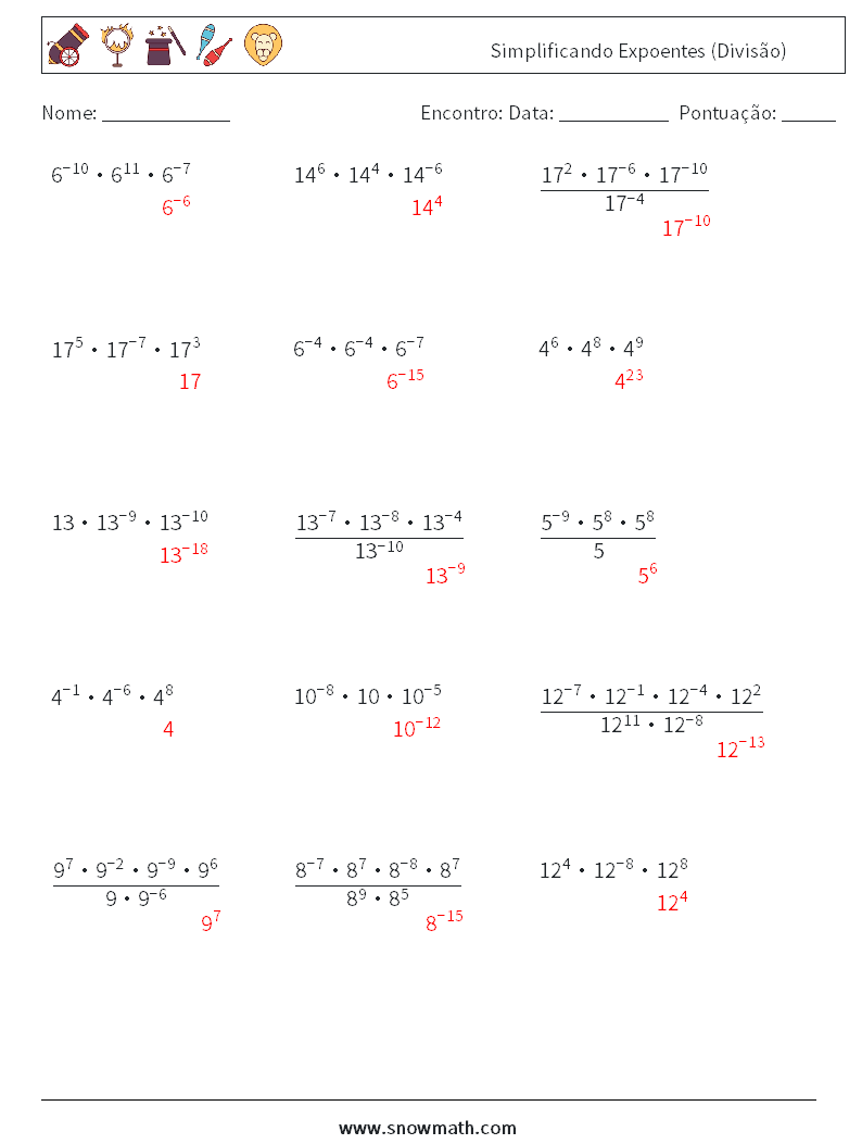 Simplificando Expoentes (Divisão) planilhas matemáticas 9 Pergunta, Resposta