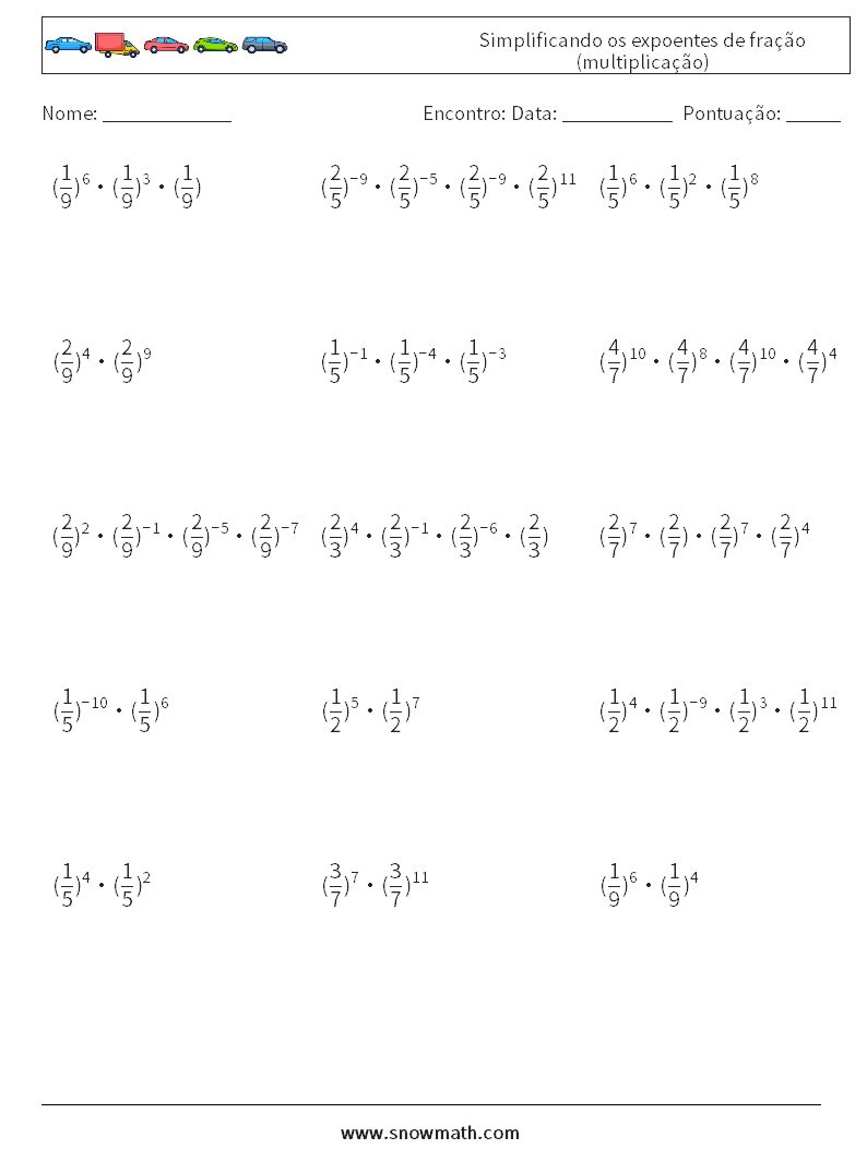 Simplificando os expoentes de fração (multiplicação) planilhas matemáticas 2